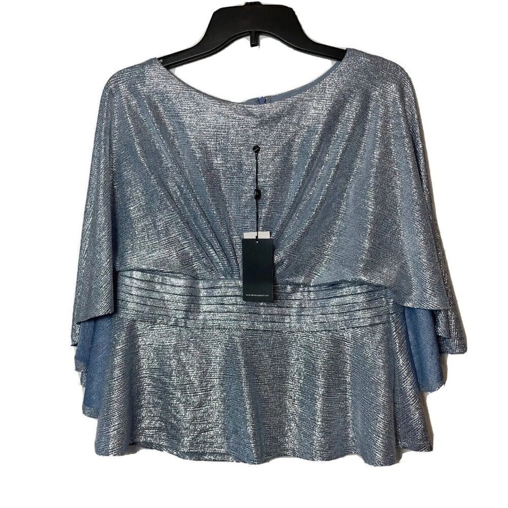 Adrianna Papell Foil Jersey Capelet Peplum‎ Top Blue 14P Metallic Formal NWT